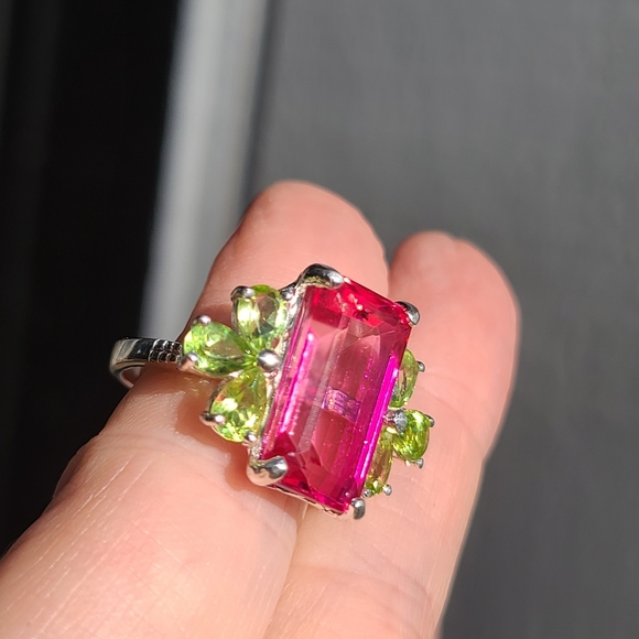 Pink Topaz massive 8k emerald cut with pear shape Peridot sterling ring sz 8 - Picture 12 of 17
